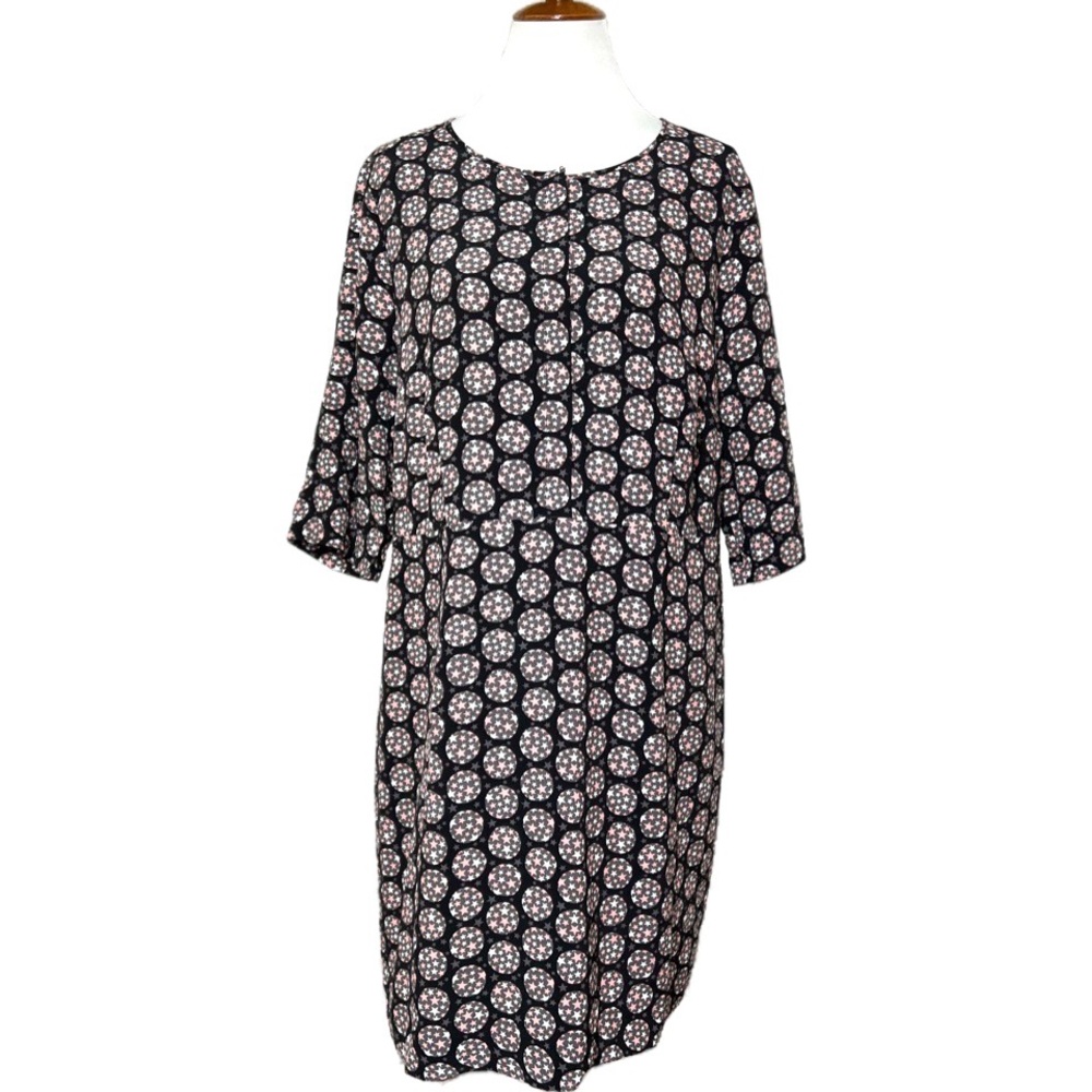 Boden Polka Dot Star Printed Navy Blue 3/4 Sleeve Knee Length Shift Dress 14